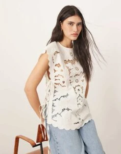 ARRANGE Cotton Cutwork Embroidered Top With Tie Side In Off White For Women