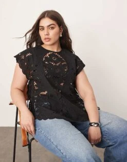 ARRANGE Curve Cotton Cutwork Embroidered Top With Tie Side In Black For Women
