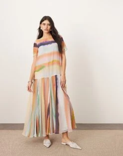 ARRANGE Sheer Chiffon Drop Waist Maxi T-shirt Dress In Blurred Stripe For Women Stripe Print