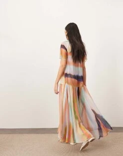 ARRANGE Sheer Chiffon Drop Waist Maxi T-shirt Dress In Blurred Stripe For Women Stripe Print -ARANG Clothing Shop 207646331 3