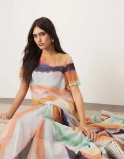 ARRANGE Sheer Chiffon Drop Waist Maxi T-shirt Dress In Blurred Stripe For Women Stripe Print -ARANG Clothing Shop 207646331 4