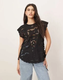 ARRANGE Cotton Cutwork Embroidered Top With Tie Side In Black For Women -ARANG Clothing Shop 207646371 1 black 1