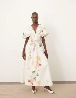 ARRANGE Cinched Waist Pleat Detail Maxi Dress In Floral Print For Women