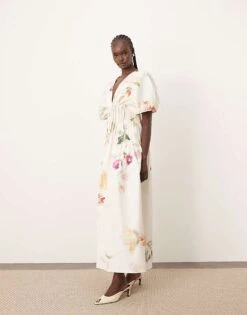 ARRANGE Cinched Waist Pleat Detail Maxi Dress In Floral Print For Women -ARANG Clothing Shop 207659886 4