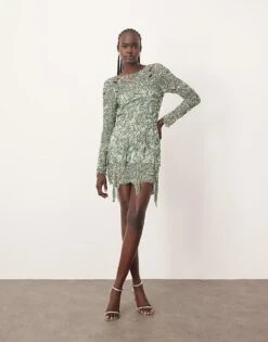 ARRANGE Embellished Floral Cutwork Open Back Mini Dress In Green For Women 11 ARRANGE Embellished Floral Cutwork Open Back Mini Dress In Green For Women -ARANG Clothing Shop 207668103 1 green 1