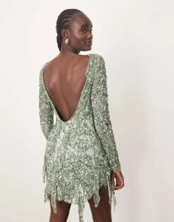 ARRANGE Embellished Floral Cutwork Open Back Mini Dress In Green For Women 10 ARRANGE Embellished Floral Cutwork Open Back Mini Dress In Green For Women -ARANG Clothing Shop 207668103 4