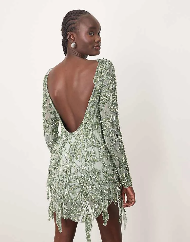 ARRANGE Embellished Floral Cutwork Open Back Mini Dress In Green For Women 6 ARRANGE Embellished Floral Cutwork Open Back Mini Dress In Green For Women - Image 4