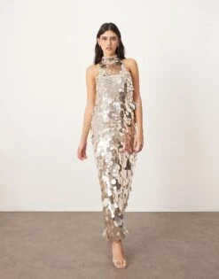 ARRANGE Embellished Disc Sequin High Neck Column Maxi Dress In Silver For Women -ARANG Clothing Shop 207668106 1 silver 1