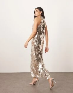 ARRANGE Embellished Disc Sequin High Neck Column Maxi Dress In Silver For Women -ARANG Clothing Shop 207668106 4