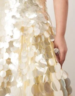 ARRANGE Curve Embellished Disc Sequin Square Neck Full Skirt Midi Dress In Lemon For Women -ARANG Clothing Shop 207668123 3