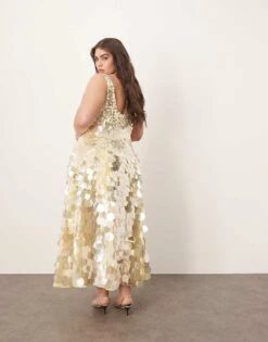 ARRANGE Curve Embellished Disc Sequin Square Neck Full Skirt Midi Dress In Lemon For Women -ARANG Clothing Shop 207668123 4