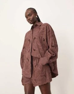 ARRANGE Cotton Mirrored Floral Embroidered Cutwork Shorts Co-ord In Chocolate For Women