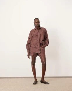 ARRANGE Cotton Mirrored Floral Embroidered Cutwork Shorts Co-ord In Chocolate For Women -ARANG Clothing Shop 207694327 3