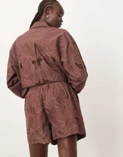 ARRANGE Cotton Mirrored Floral Embroidered Cutwork Shorts Co-ord In Chocolate For Women -ARANG Clothing Shop 207694327 5