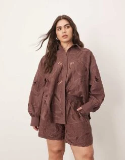 ARRANGE Curve Cotton Mirrored Floral Embroidered Cutwork Shirt And Shorts Co-ord In Chocolate -ARANG Clothing Shop 207694374 1 choclate 1