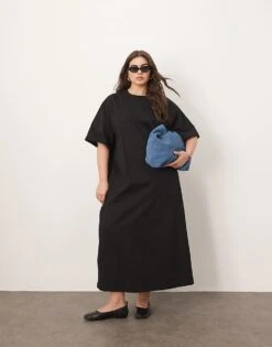 ARRANGE Curve Premium Heavyweight T Shirt Midi Dress In Black For Women