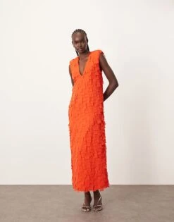 ARRANGE Laser Cut Plunge Neckline Shoulder Pad Maxi Dress With Pockets In Red For Women -ARANG Clothing Shop 207720040 1 red 1