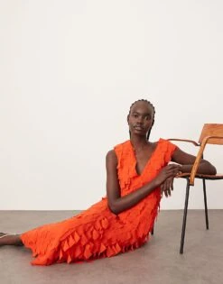 ARRANGE Laser Cut Plunge Neckline Shoulder Pad Maxi Dress With Pockets In Red For Women -ARANG Clothing Shop 207720040 2