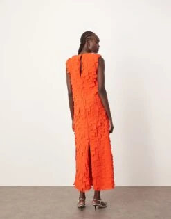 ARRANGE Laser Cut Plunge Neckline Shoulder Pad Maxi Dress With Pockets In Red For Women -ARANG Clothing Shop 207720040 3