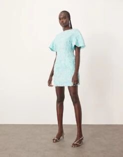 ARRANGE Embroidered Floral Dome T-shirt Sleeve Mini Dress In Blue For Women -ARANG Clothing Shop 207720173 2