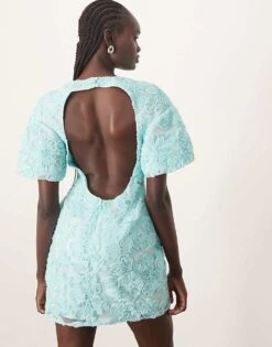 ARRANGE Embroidered Floral Dome T-shirt Sleeve Mini Dress In Blue For Women -ARANG Clothing Shop 207720173 3