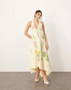 ARRANGE Cotton Floral Embroidered Plunge Midi Dress In Buttermilk For Women