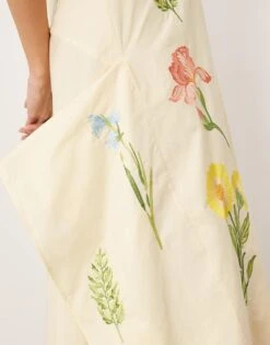 ARRANGE Cotton Floral Embroidered Plunge Midi Dress In Buttermilk For Women -ARANG Clothing Shop 207738822 3