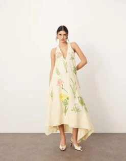 ARRANGE Cotton Floral Embroidered Plunge Midi Dress In Buttermilk For Women -ARANG Clothing Shop 207738822 4