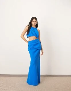 ARRANGE Drape Detail Maxi Skirt And Ruched Detail Racer Neck Top Co-ord In Bold Blue
