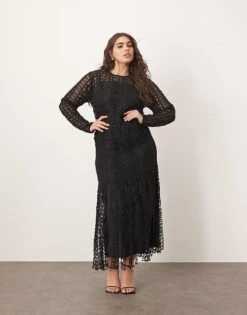 ARRANGE Curve Embroidered Lace Long Sleeve Midi Dress With Fringe Hem In Black For Women -ARANG Clothing Shop 207759554 1 black 1
