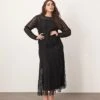 ARRANGE Curve Embroidered Lace Long Sleeve Midi Dress With Fringe Hem In Black For Women -ARANG Clothing Shop 207759554 1 black