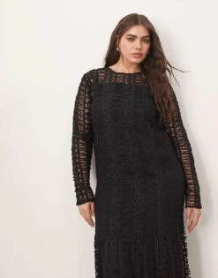 ARRANGE Curve Embroidered Lace Long Sleeve Midi Dress With Fringe Hem In Black For Women -ARANG Clothing Shop 207759554 2