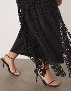 ARRANGE Curve Embroidered Lace Long Sleeve Midi Dress With Fringe Hem In Black For Women -ARANG Clothing Shop 207759554 3