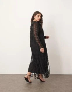 ARRANGE Curve Embroidered Lace Long Sleeve Midi Dress With Fringe Hem In Black For Women -ARANG Clothing Shop 207759554 4