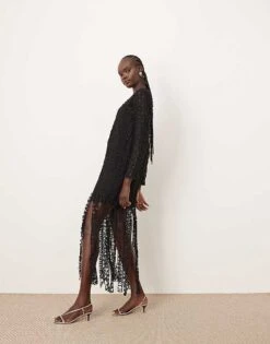 ARRANGE Embroidered Lace Long Sleeve Midi Dress With Fringe Hem In Black For Women -ARANG Clothing Shop 207759563 1 black 1