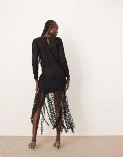 ARRANGE Embroidered Lace Long Sleeve Midi Dress With Fringe Hem In Black For Women -ARANG Clothing Shop 207759563 3