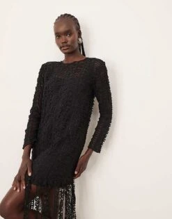 ARRANGE Embroidered Lace Long Sleeve Midi Dress With Fringe Hem In Black For Women -ARANG Clothing Shop 207759563 4