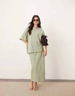 ARRANGE Premium Heavy Weight Textured Jersey T-shirt And Column Maxi Skirt Co-ord In Washed Sage