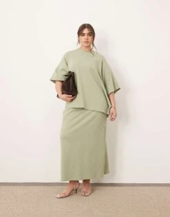 ARRANGE Curve Premium Heavy Weight Textured Jersey Shirt And Column Maxi Skirt Co-ord In Washed Sage