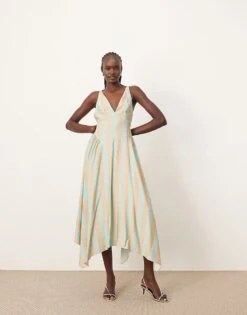 ARRANGE Cross Back Detail Midi Dress With Full Skirt In Green Stripe For Women