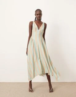 ARRANGE Cross Back Detail Midi Dress With Full Skirt In Green Stripe For Women -ARANG Clothing Shop 207764083 3