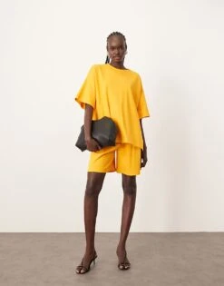 ARRANGE Premium Heavy Weight Textured Jersey Oversized T-shirt And Shorts Co-ord In Mango