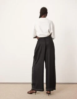 ARRANGE Linen Super Wide Trouser With Contrast Stitch In Black For Women -ARANG Clothing Shop 207764109 5