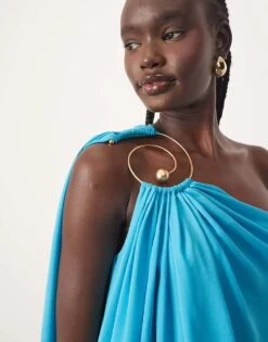 ARRANGE Spiral Trim One Shoulder Maxi Dress In Turquoise Blue For Women -ARANG Clothing Shop 207789601 3