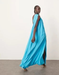 ARRANGE Spiral Trim One Shoulder Maxi Dress In Turquoise Blue For Women -ARANG Clothing Shop 207789601 4