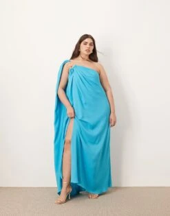 ARRANGE Curve Spiral Trim One Shoulder Maxi Dress In Turquoise Blue For Women -ARANG Clothing Shop 207789611 1 turquoise 1