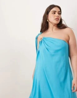 ARRANGE Curve Spiral Trim One Shoulder Maxi Dress In Turquoise Blue For Women -ARANG Clothing Shop 207789611 2
