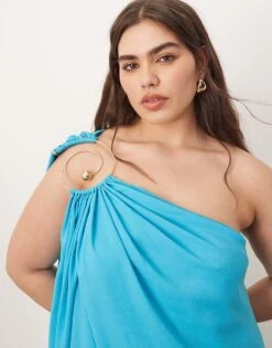 ARRANGE Curve Spiral Trim One Shoulder Maxi Dress In Turquoise Blue For Women -ARANG Clothing Shop 207789611 3