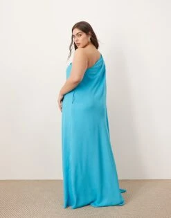 ARRANGE Curve Spiral Trim One Shoulder Maxi Dress In Turquoise Blue For Women -ARANG Clothing Shop 207789611 4