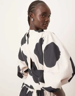 ARRANGE Cotton Cinched Waist Midi Dress With Balloon Sleeve In Bold Spot For Women -ARANG Clothing Shop 207799435 3